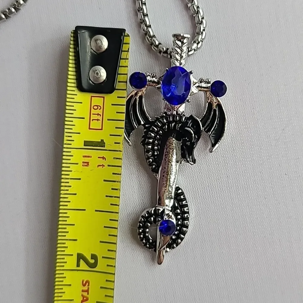 Dragon Cross Sword Necklace Blue Stone Medieval Fantasy Gothic Silver Unisex 24